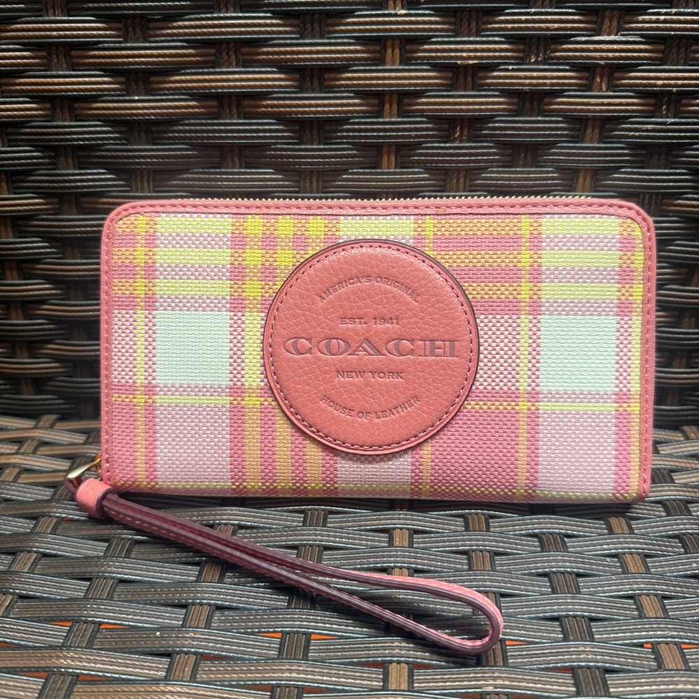 COACH Dempsey Large Phone Wallet With Garden Plaid Print And Coach Patch c8680